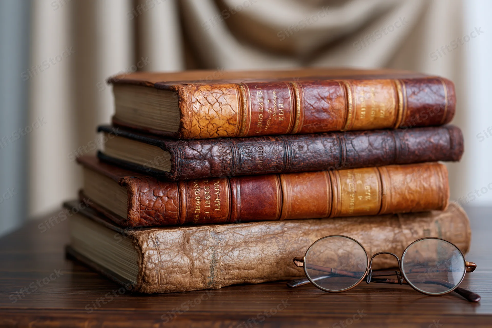 Stack of four antique leather-bound books on dark wooden table with round reading glasses beside them