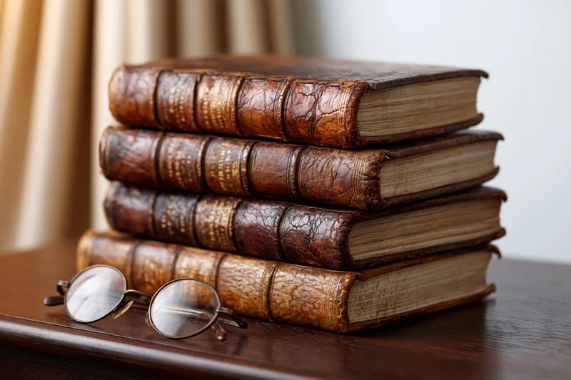 Stack of four antique leather-bound books on dark wooden table with round reading glasses beside them
