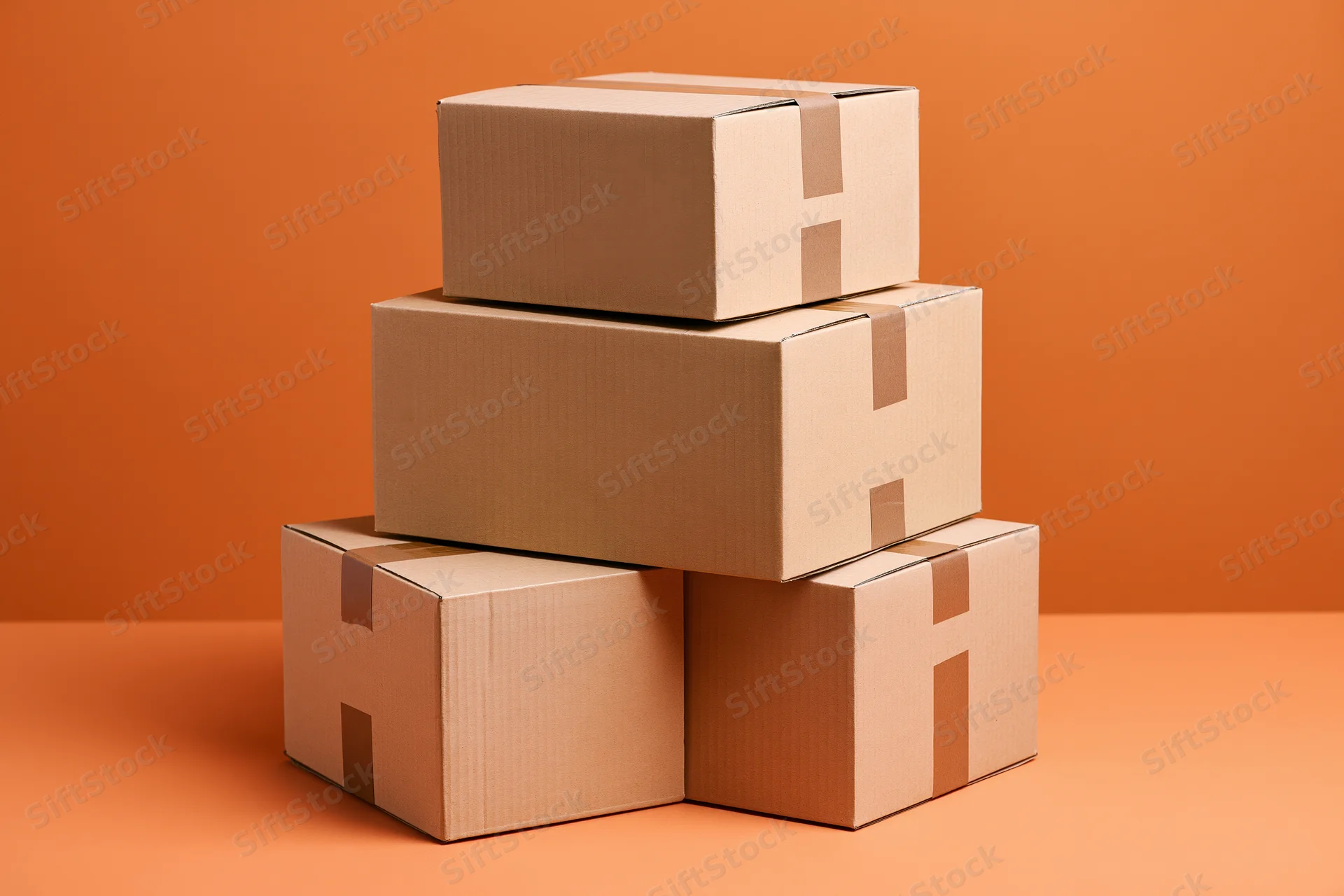 Stack of sealed cardboard shipping boxes arranged in pyramid formation on orange surface