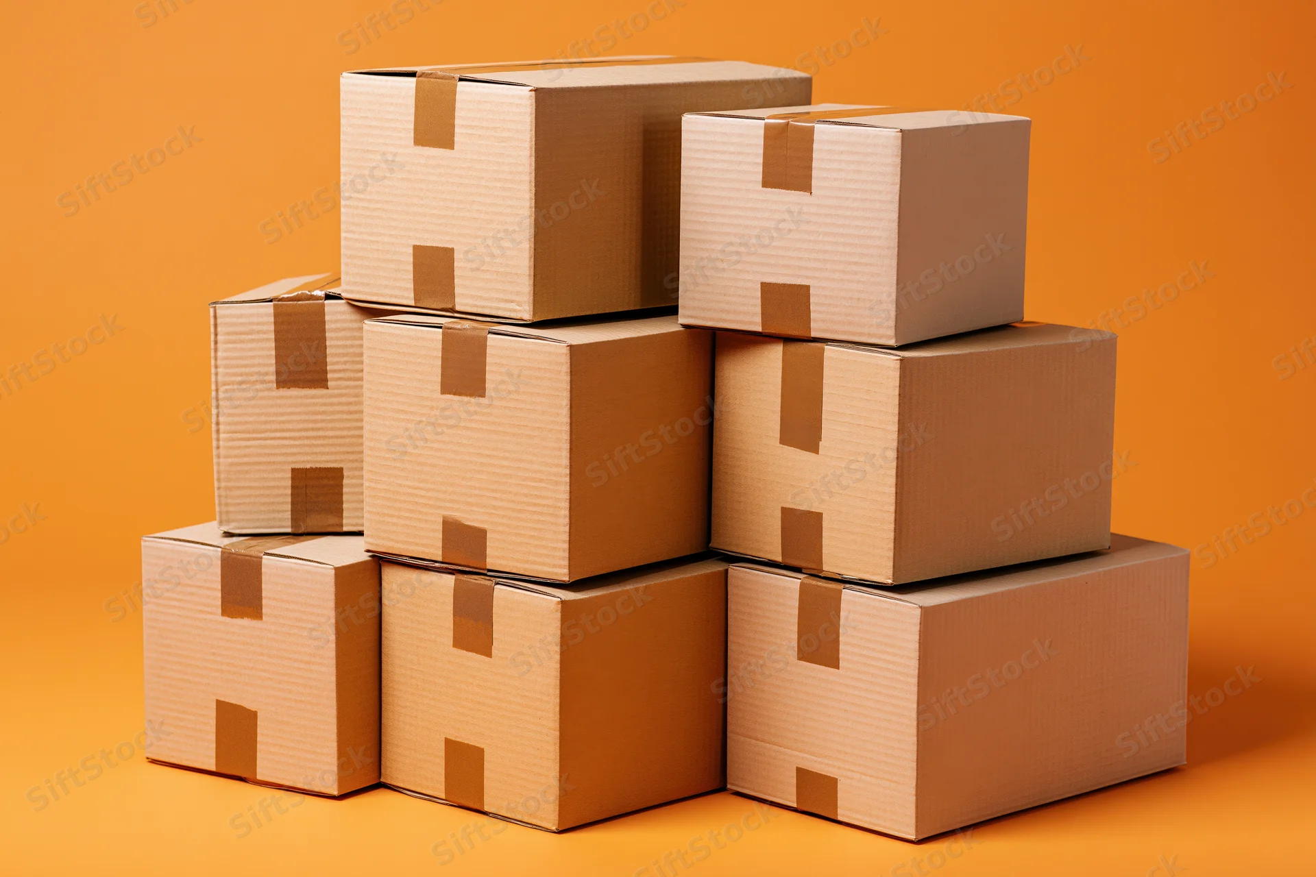 Stack of sealed cardboard shipping boxes arranged in a pyramid on orange background
