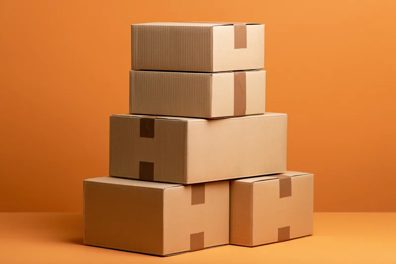 Stack of sealed cardboard shipping boxes arranged in pyramid formation on orange background