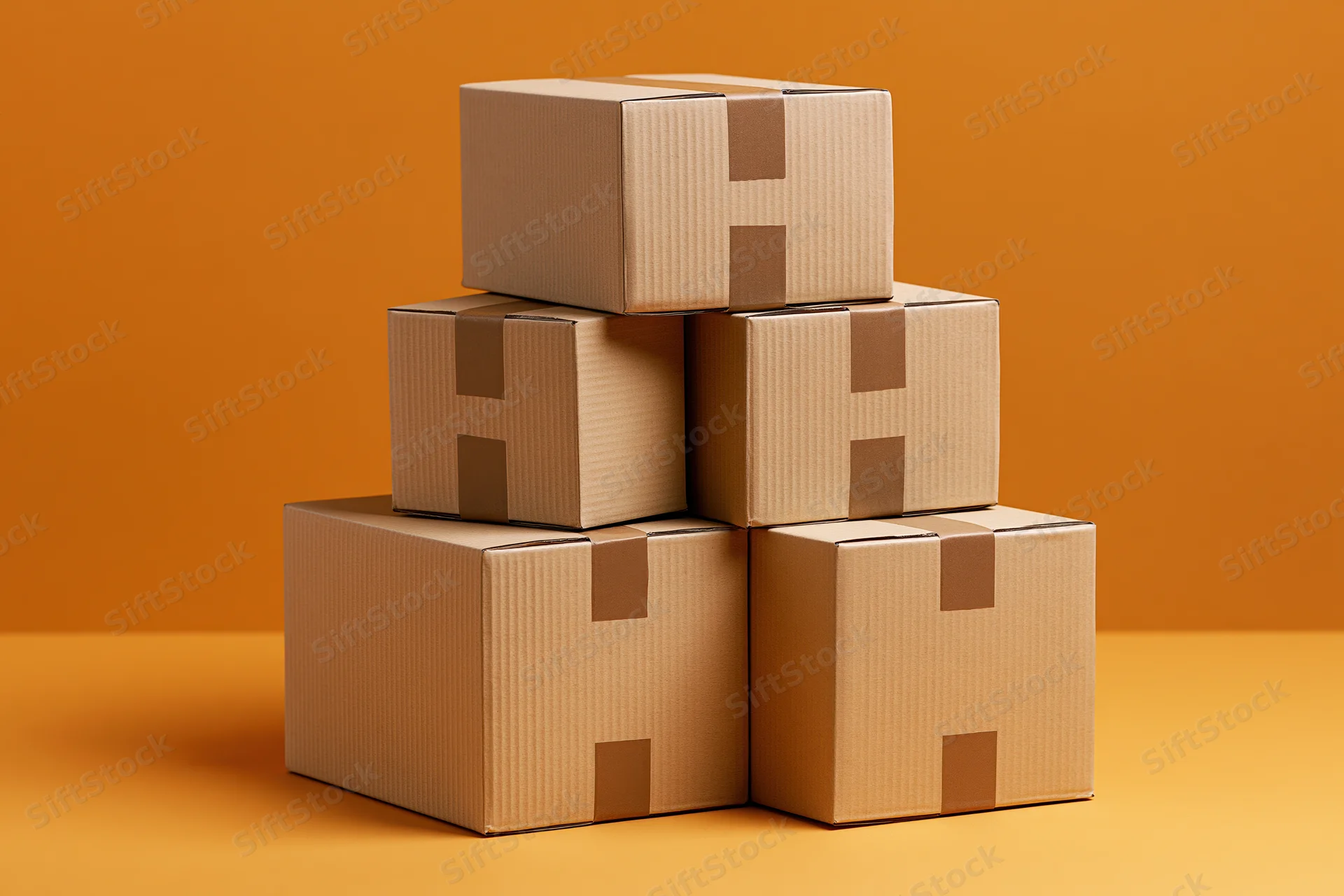 Stack of sealed cardboard shipping boxes arranged in pyramid formation on orange surface