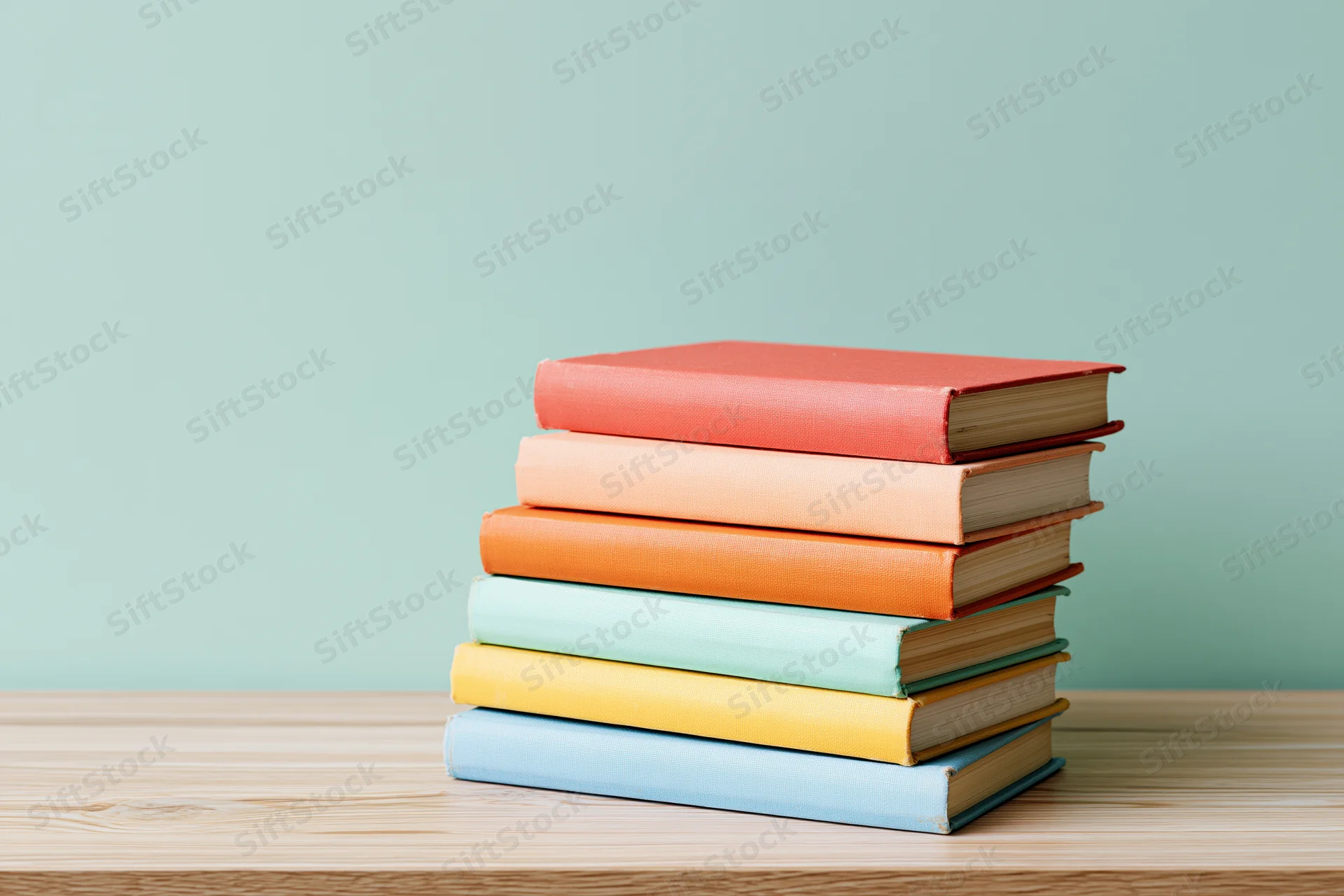 Stack of six colorful hardcover books on a light wood desk