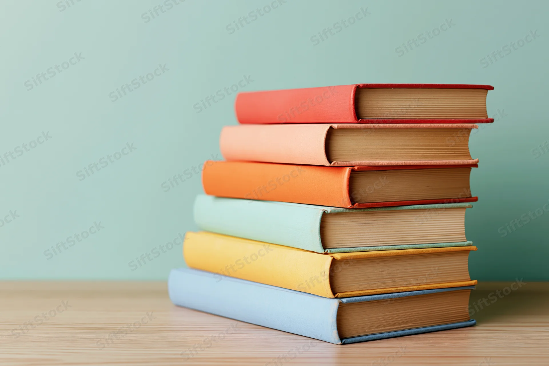 Stack of six colorful hardcover books on a light wood desk