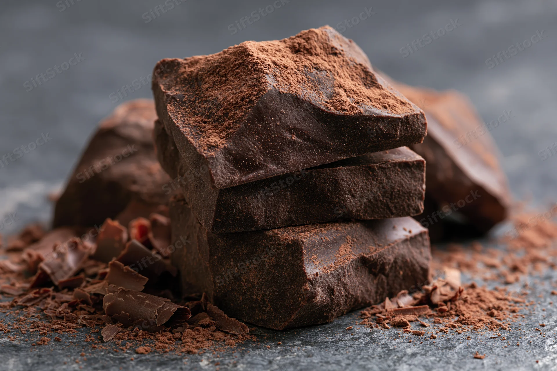 Stacked broken dark chocolate chunks dusted with cocoa powder on a dark surface