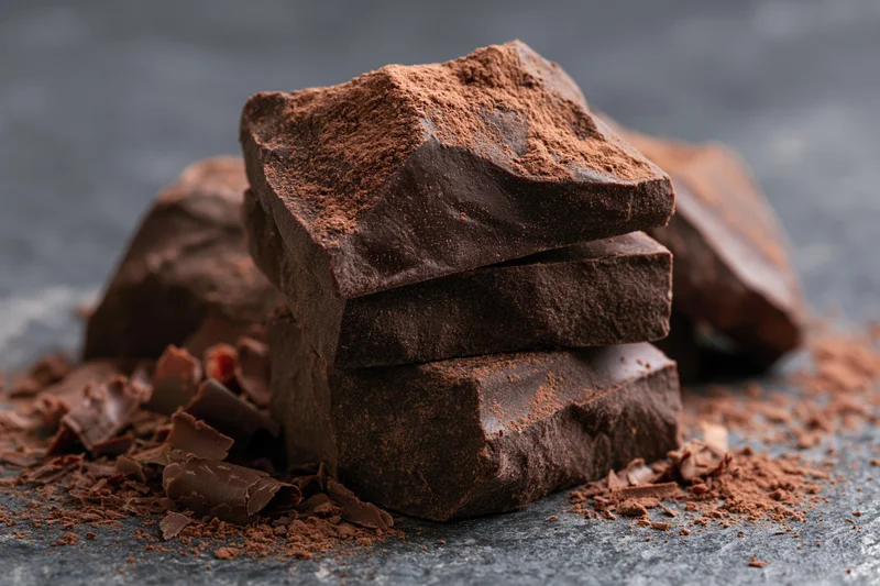 Stacked broken dark chocolate chunks dusted with cocoa powder on a dark surface
