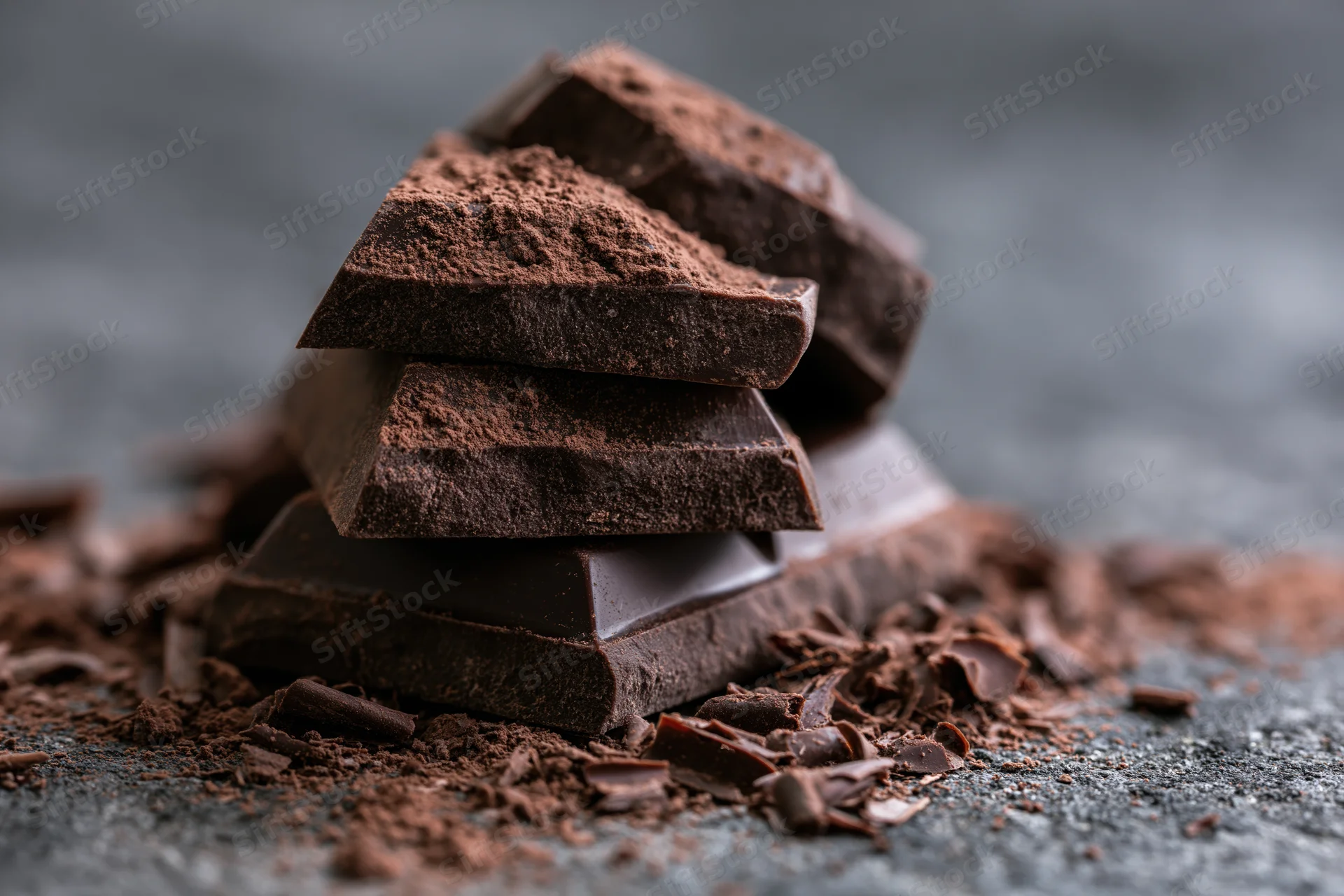 Broken dark chocolate chunks stacked and dusted with cocoa powder on a dark surface