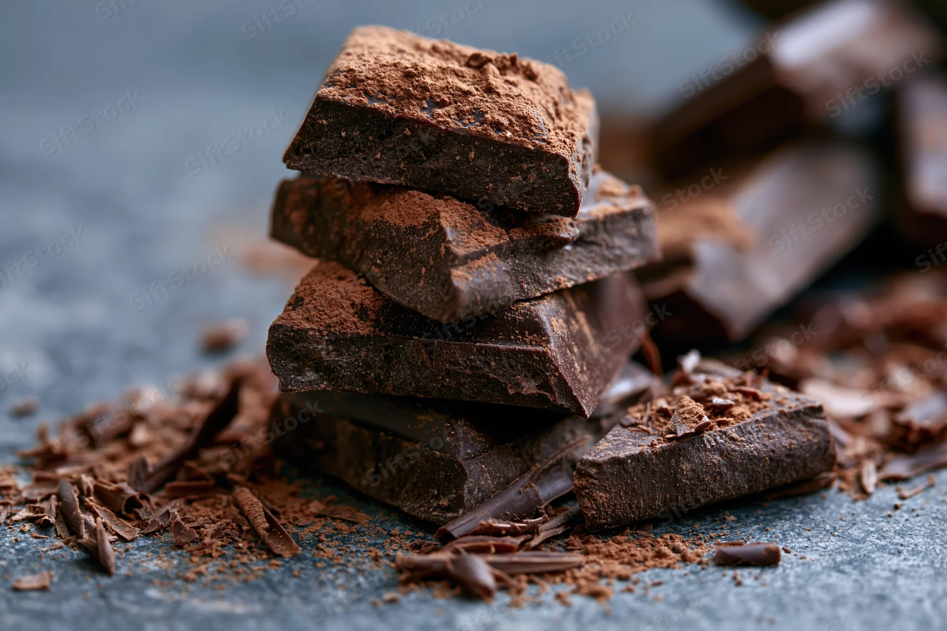 Stacked broken dark chocolate chunks dusted with cocoa powder on a textured surface