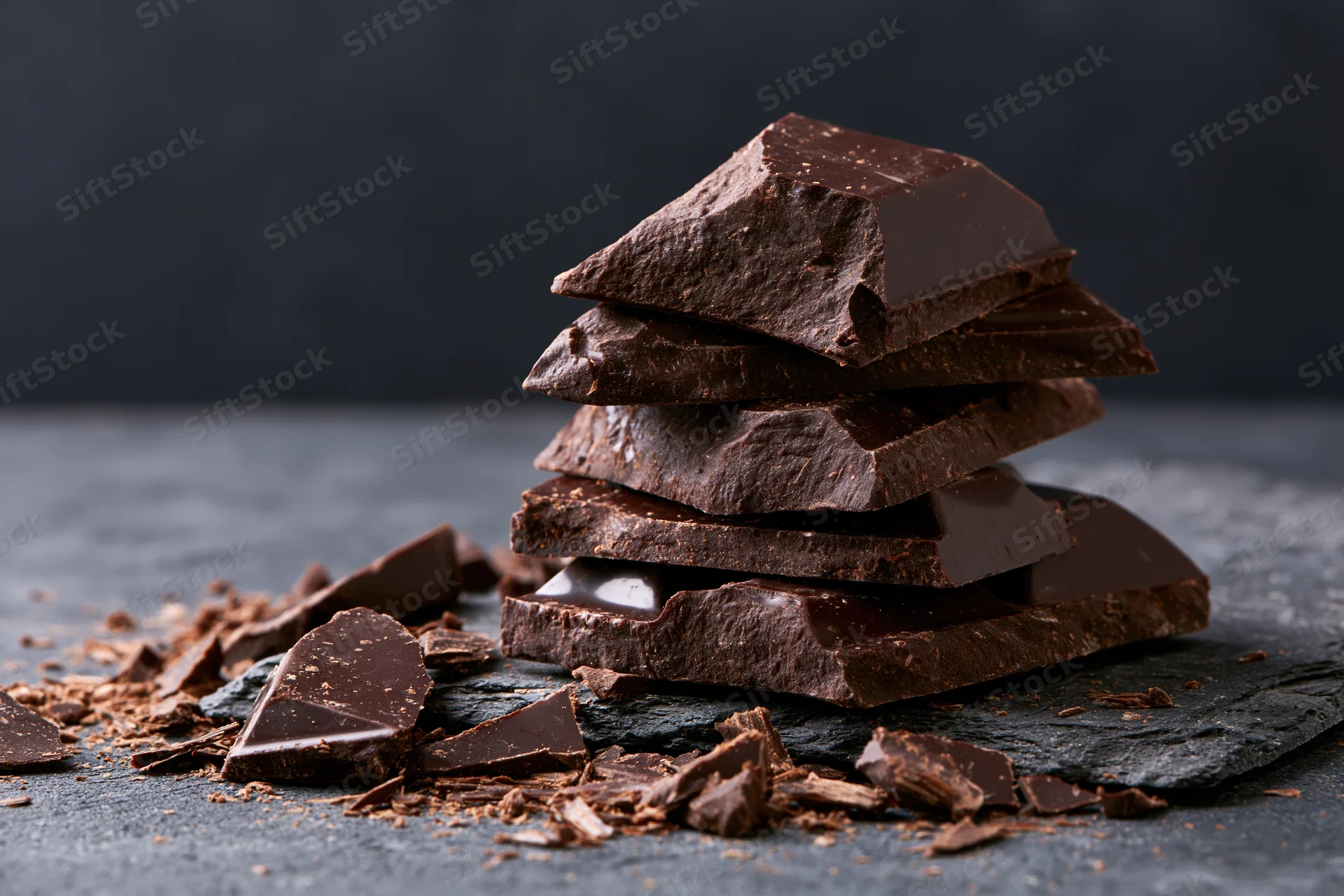 Broken dark chocolate chunks stacked on a rough slate surface