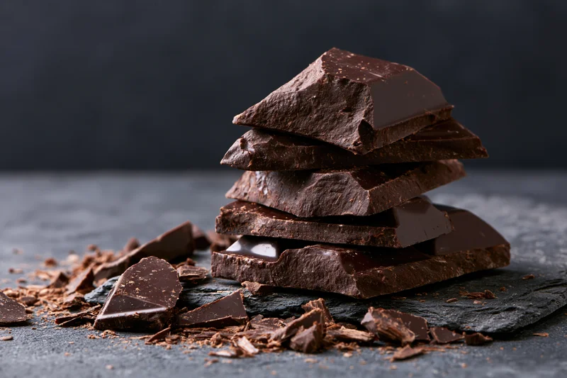 Broken dark chocolate chunks stacked on a rough slate surface