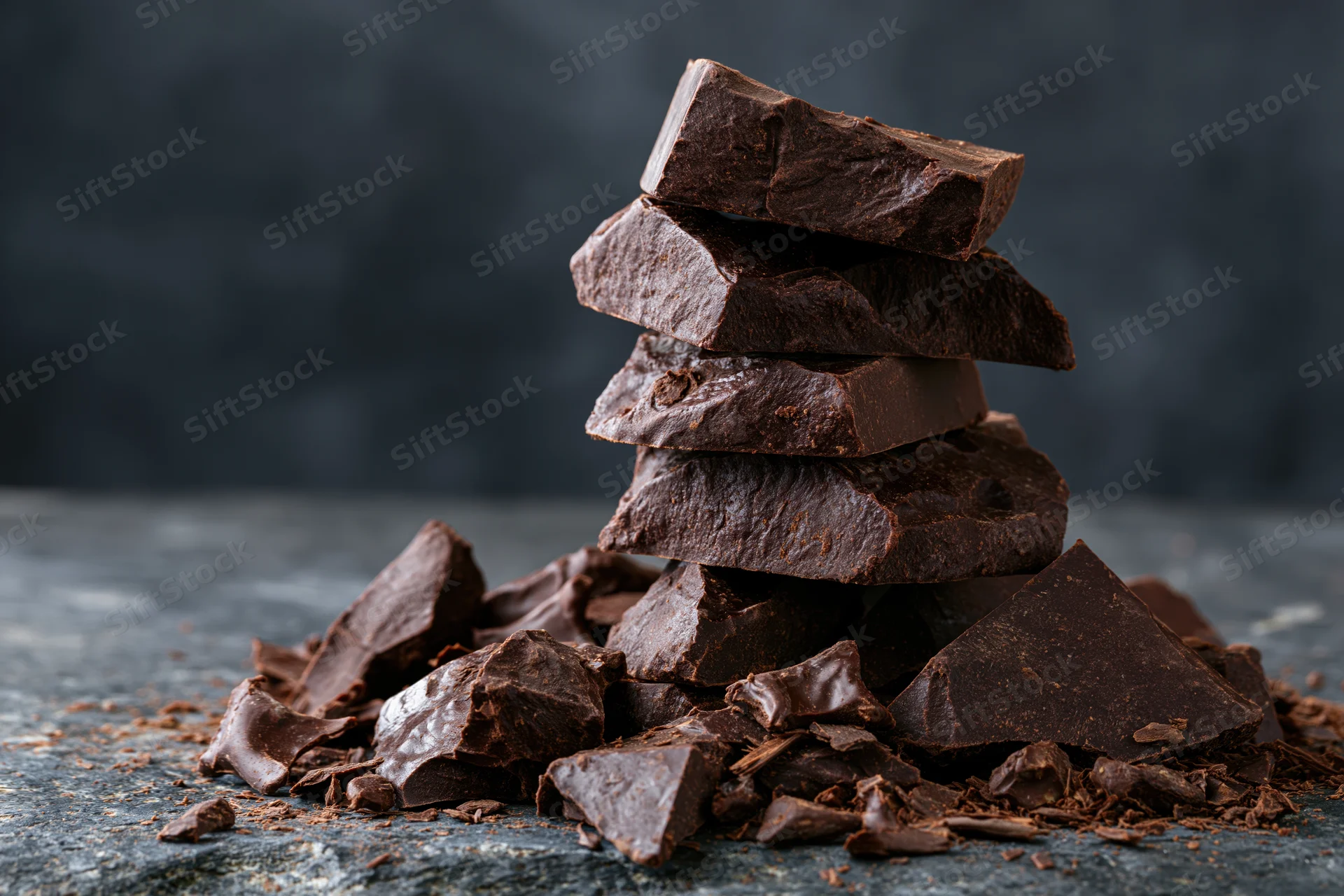 Broken dark chocolate chunks stacked and scattered on a rough slate surface