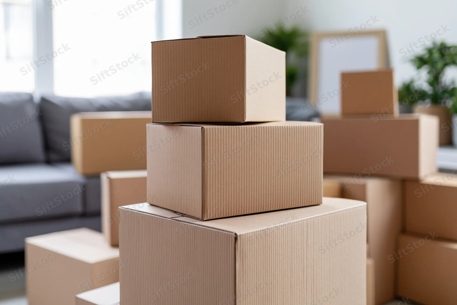 Stacked cardboard moving boxes in a living room with a couch and plants in the background