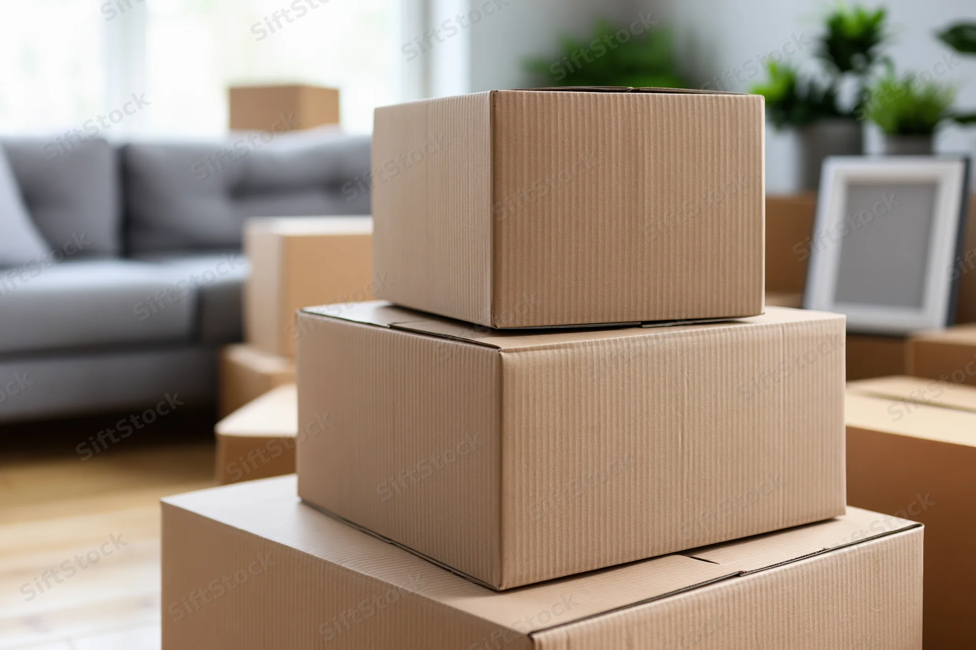 Stacked cardboard moving boxes in a living room with furniture and plants in the background