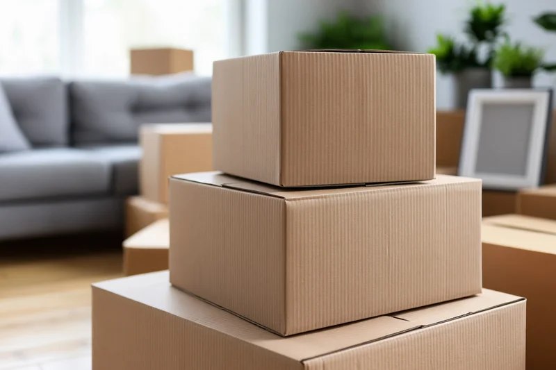 Stacked cardboard moving boxes in a living room with furniture and plants in the background