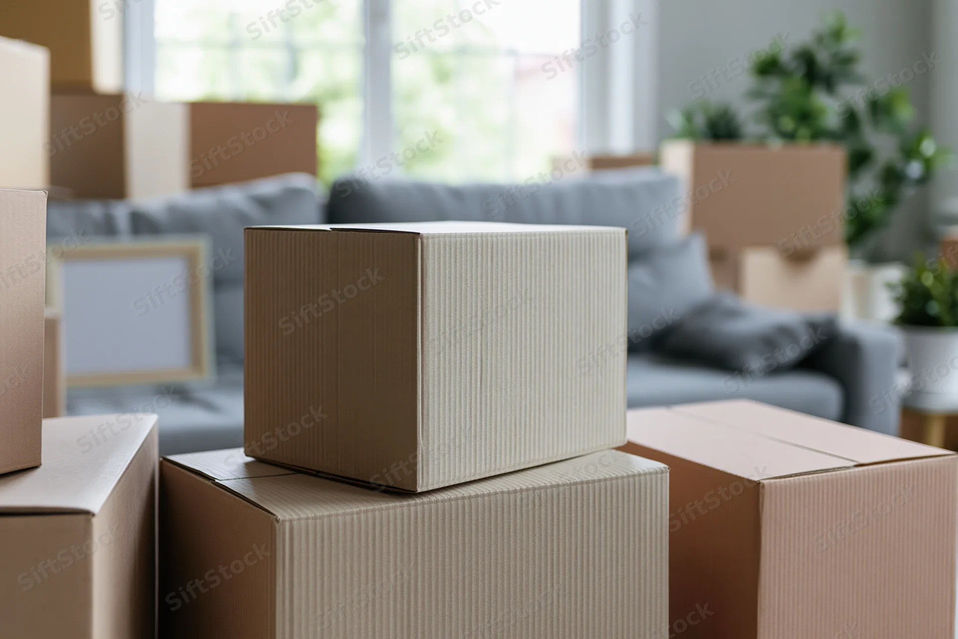 Stacked cardboard moving boxes in a living room with a couch and plants visible in the background