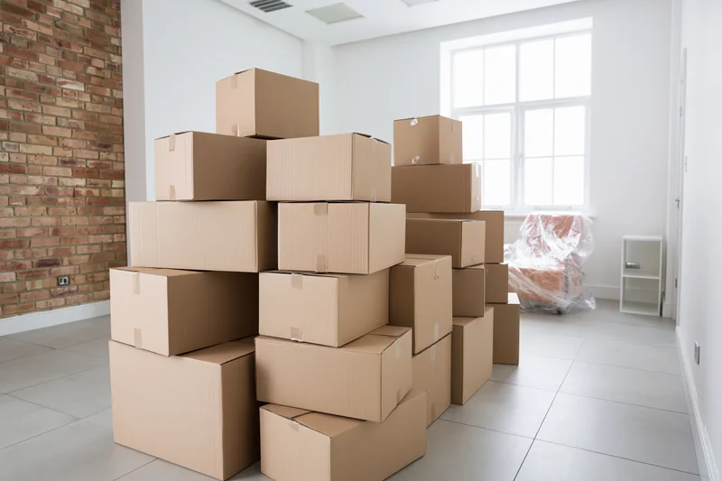 Stacks of cardboard moving boxes arranged in a bright empty room with exposed brick wall and large window