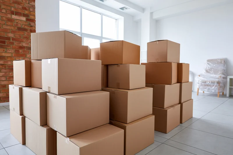 Stacks of cardboard moving boxes arranged in a bright empty room with a wrapped chair and brick wall