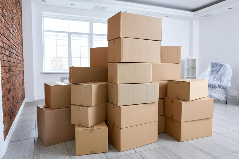Stacks of cardboard moving boxes arranged in a bright empty living room with exposed brick wall and large window