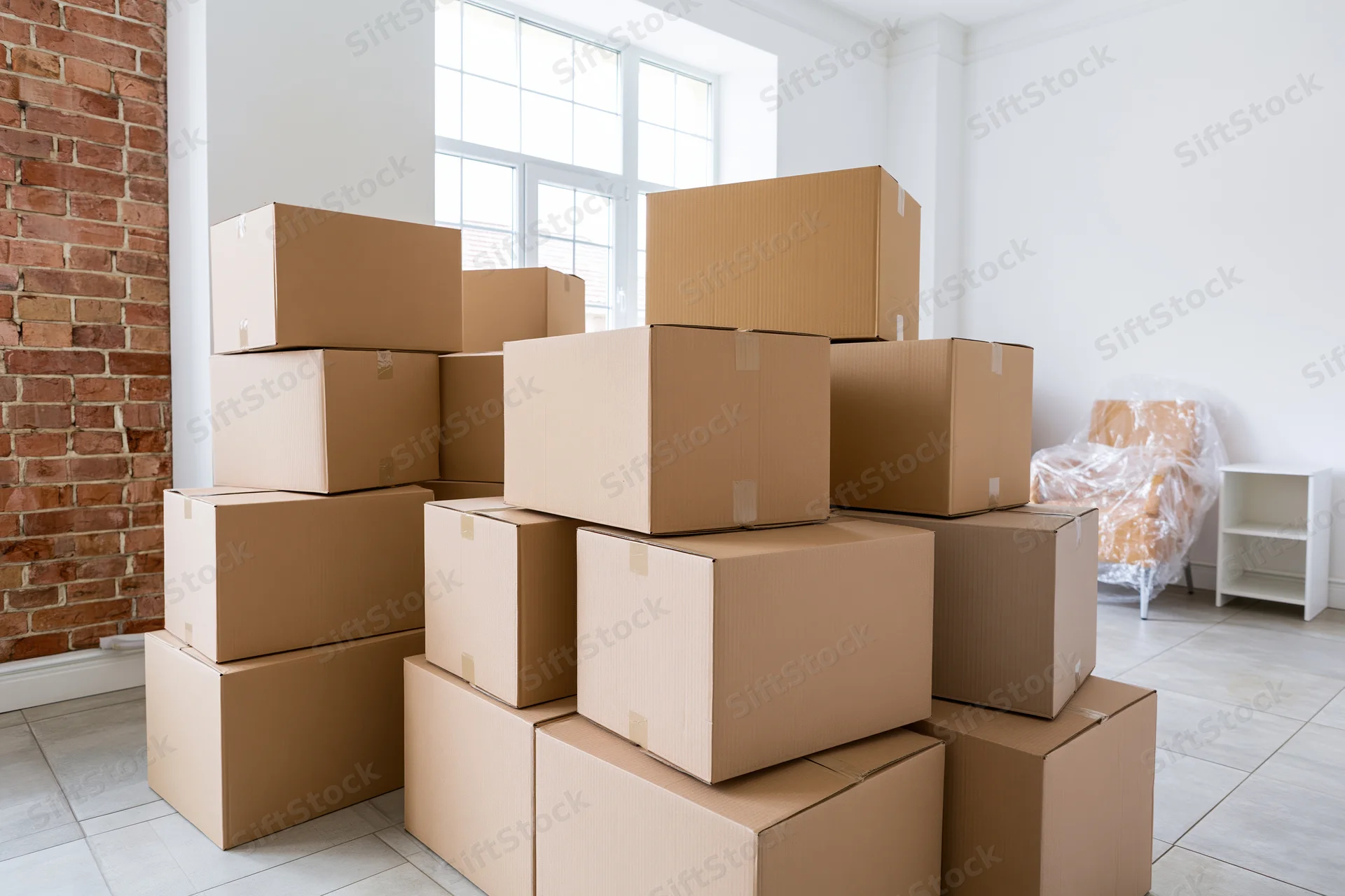 Stacks of cardboard moving boxes arranged in a bright empty apartment with exposed brick wall and large window