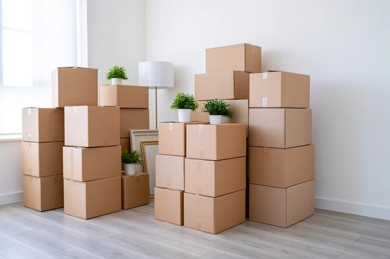 Stacks of cardboard moving boxes arranged in clusters across a bright living room floor near a window and lamp