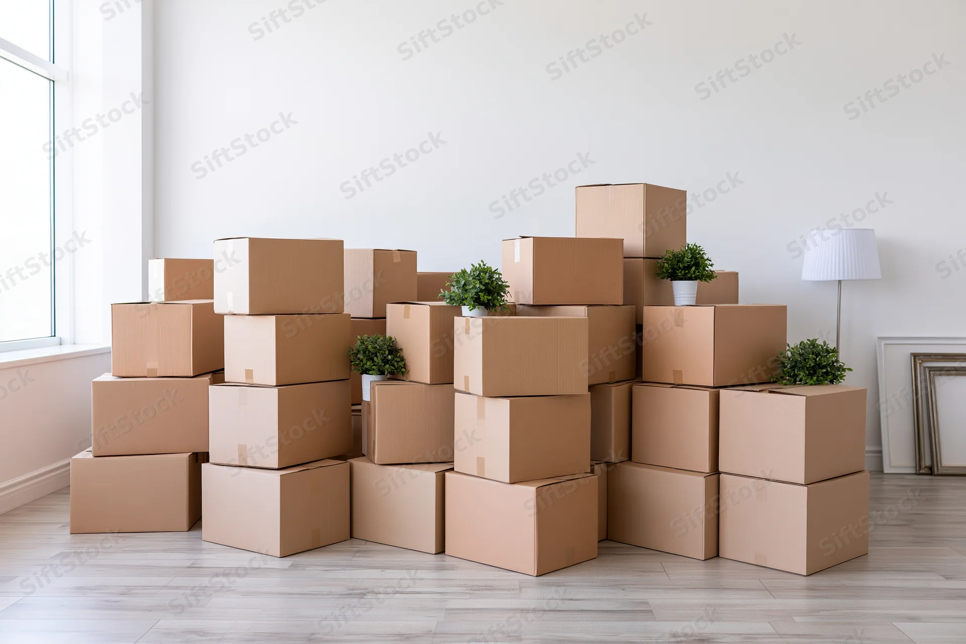 Stacks of cardboard moving boxes arranged in clusters across a bright room with plants and a lamp near a window