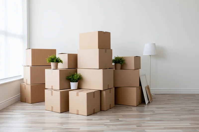 Stacks of cardboard moving boxes arranged in clusters across a bright empty room with potted plants and a lamp near a window