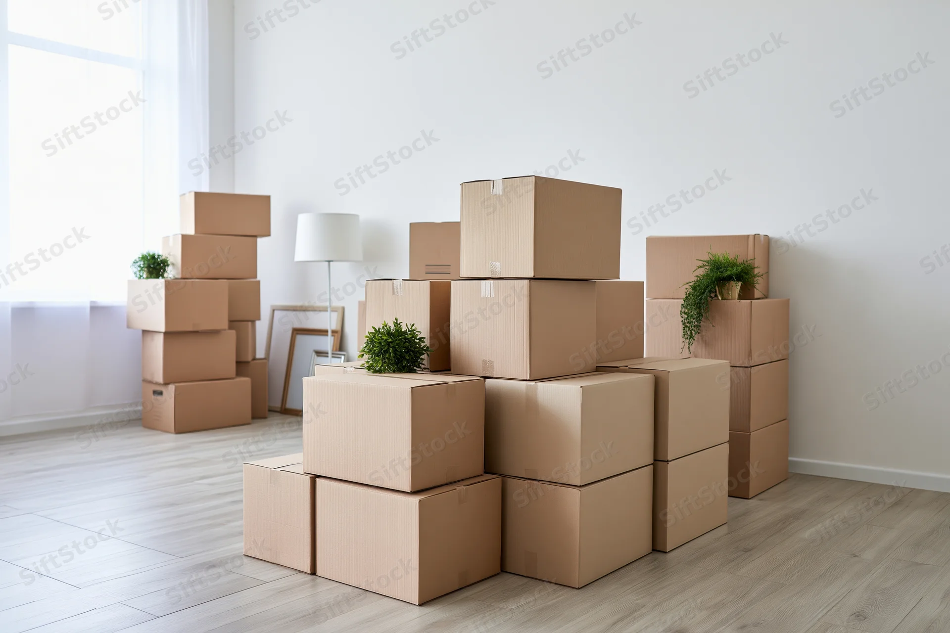 Stacks of cardboard moving boxes arranged in clusters across a bright empty room with plants and furniture in the background