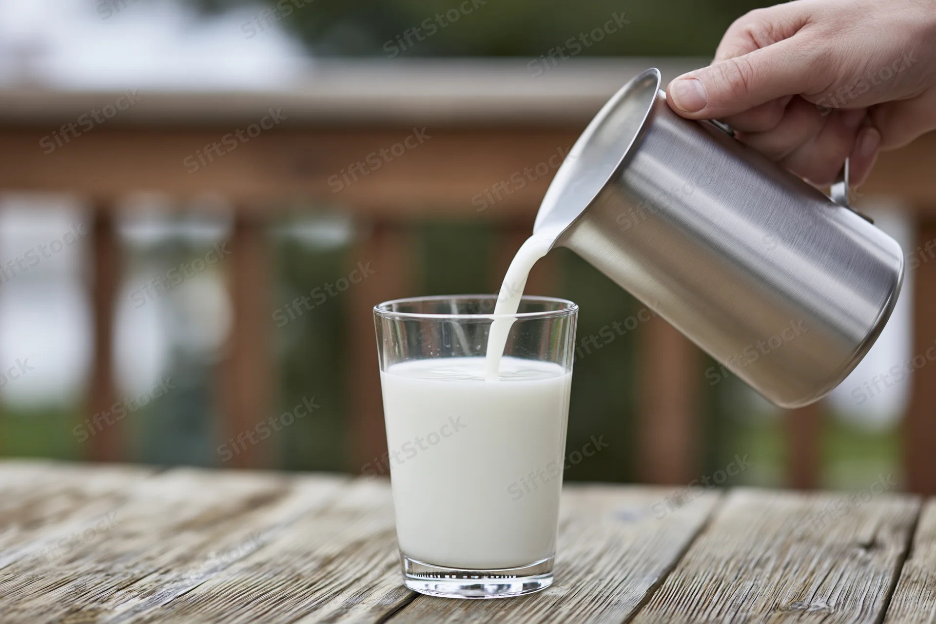 Hand pouring milk from stainless steel pitcher into glass on wooden table