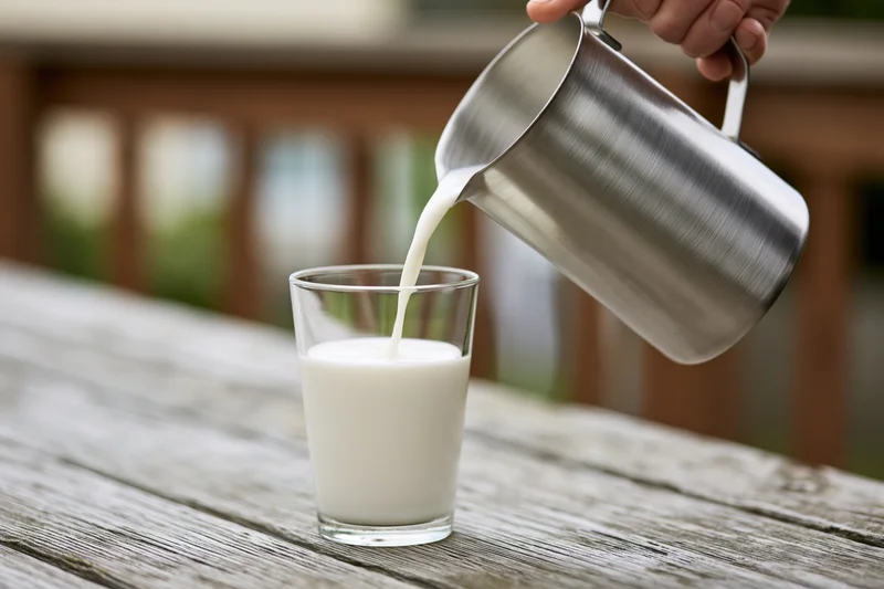 Hand pouring milk from stainless steel pitcher into glass on wooden table outdoors