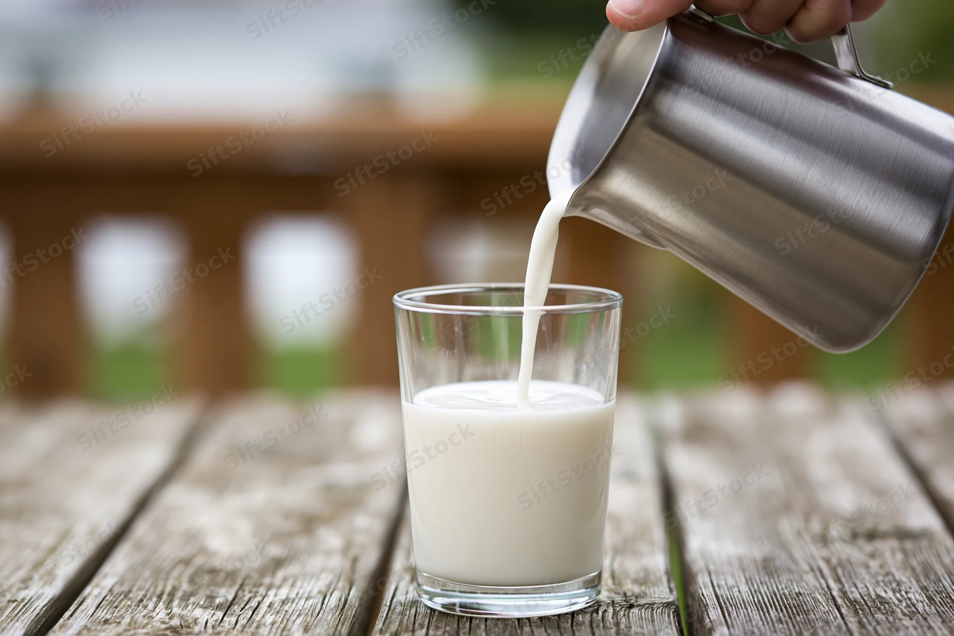 Hand pouring milk from stainless steel pitcher into glass on wooden table