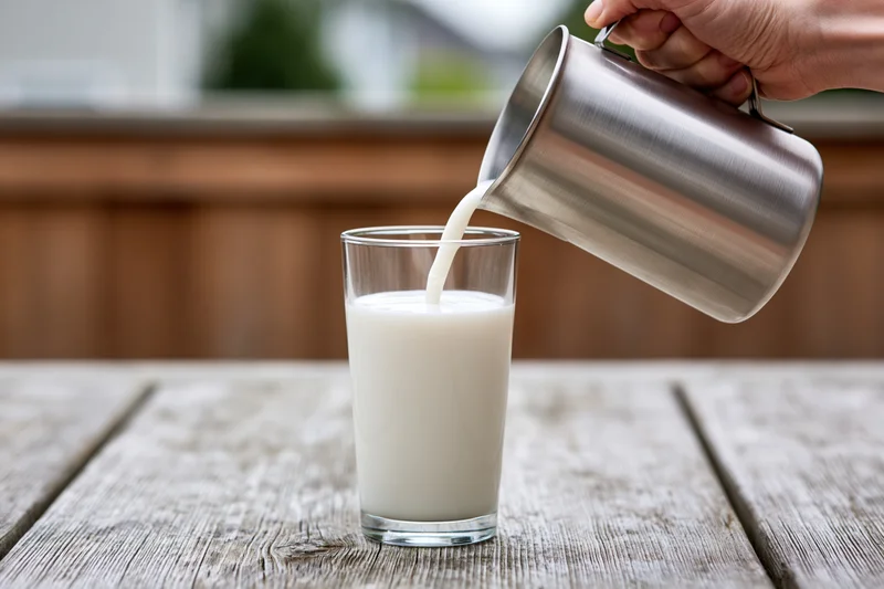 Hand pouring milk from stainless steel pitcher into glass on wooden table