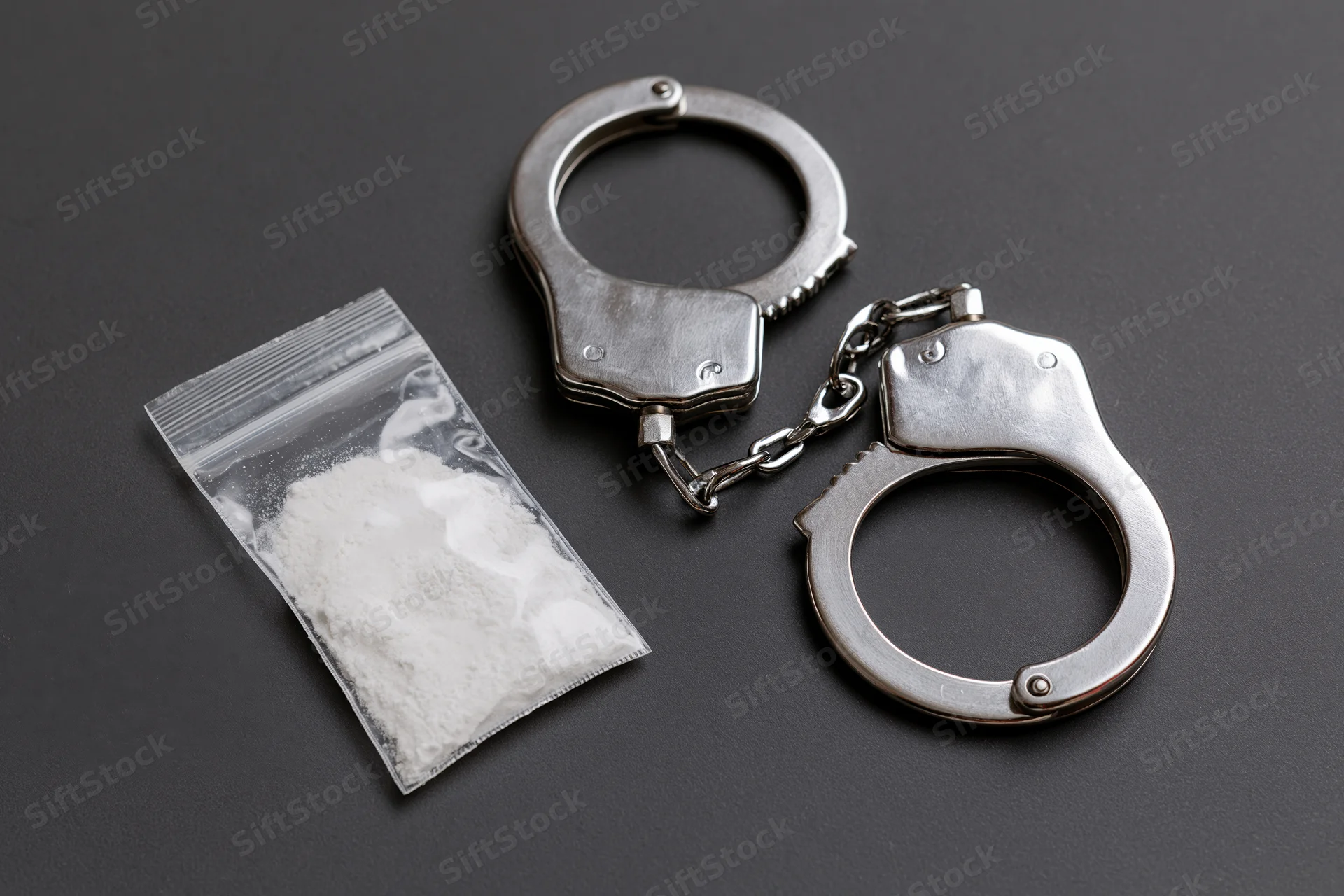 Open steel handcuffs beside a sealed plastic bag containing white powder on a black surface