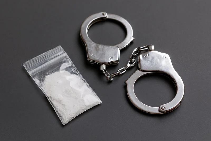 Open steel handcuffs beside a sealed plastic bag containing white powder on a black surface