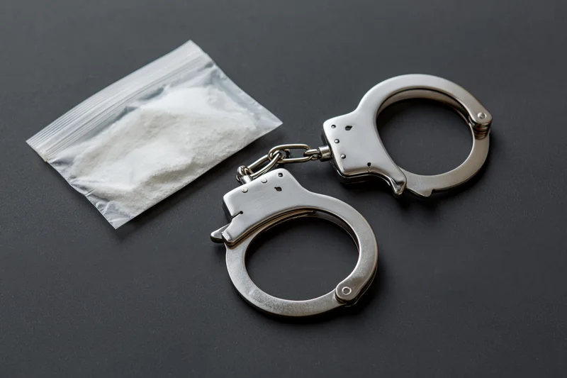 Open steel handcuffs next to a small plastic bag containing white powder on a black surface