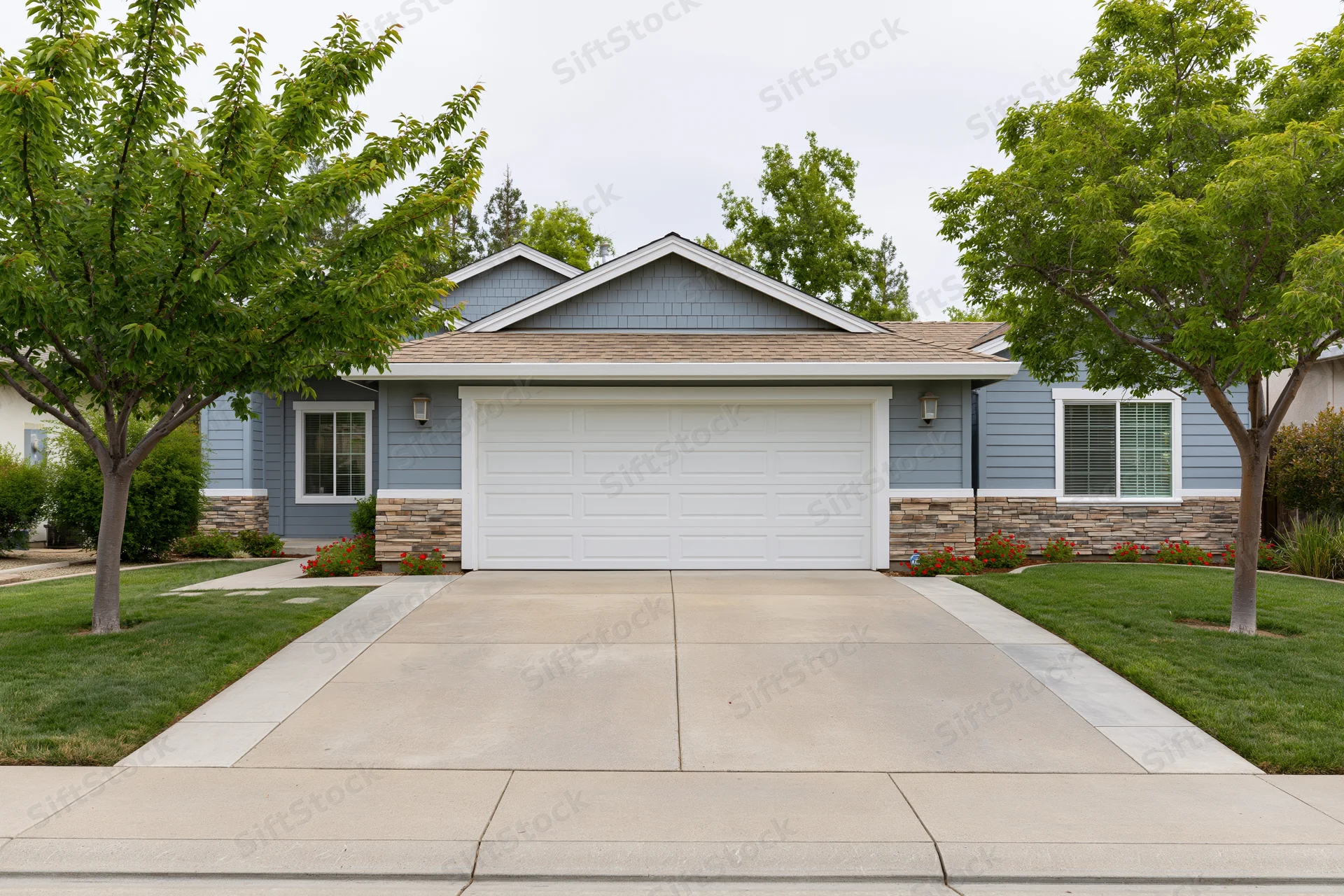 Suburban single-story house with white two-car garage and concrete driveway flanked by green lawn and trees