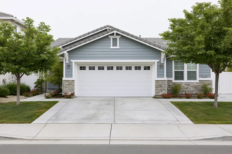 Suburban single-story house with white two-car garage and concrete driveway fronted by lawn and trees