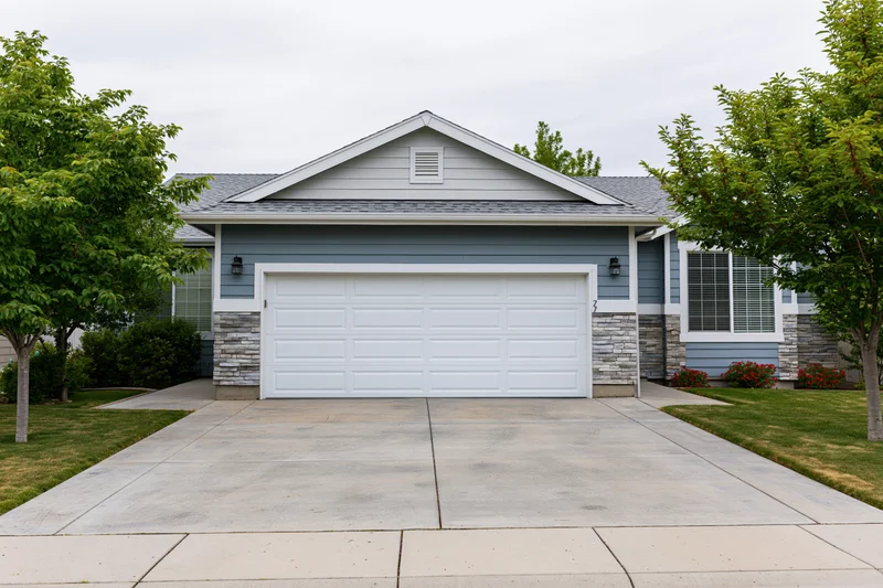 Suburban single-story house with white two-car garage and concrete driveway fronted by lawn and trees