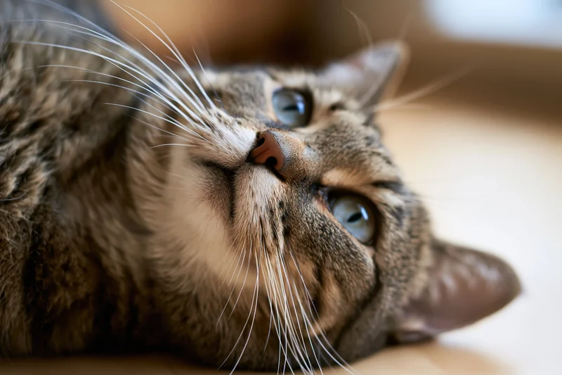 Tabby cat lying down with alert blue eyes looking upward indoors