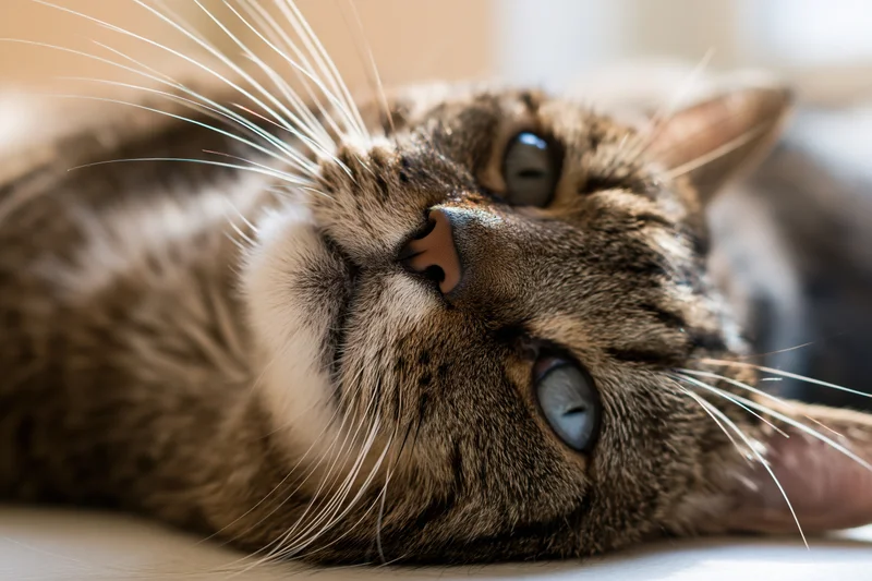 Tabby cat lying on its back looking upward with alert blue-grey eyes