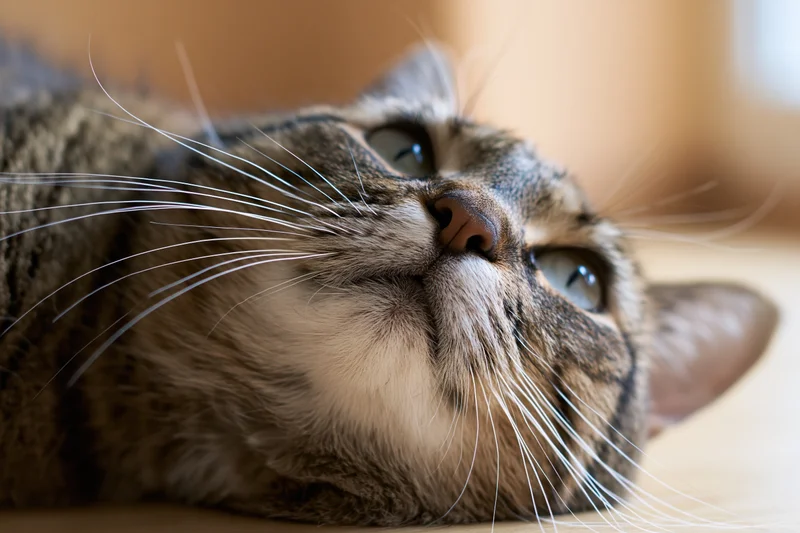 Tabby cat lying down with head tilted upward, eyes alert, indoors