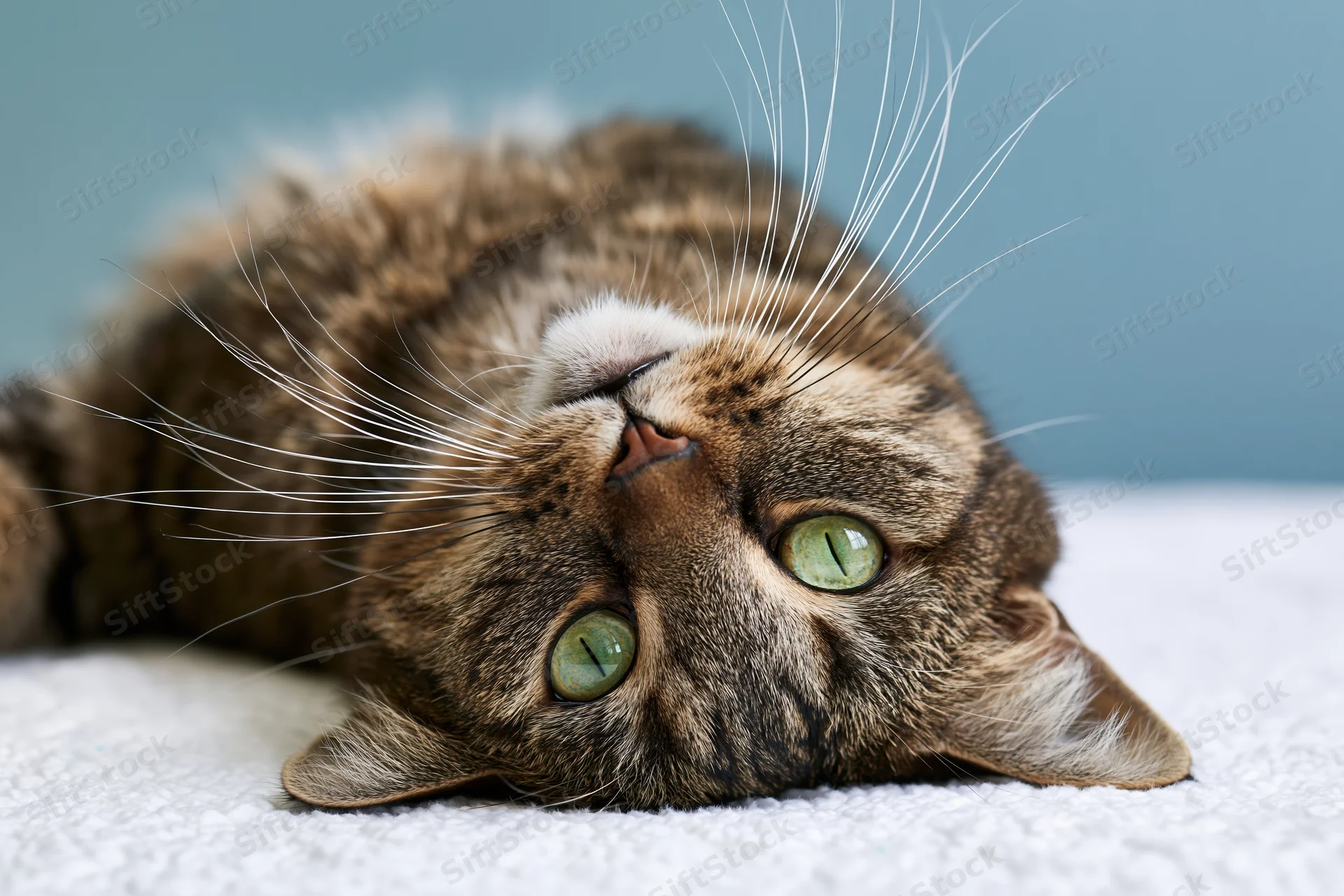 Tabby cat lying on its side with head tilted upside down on white blanket