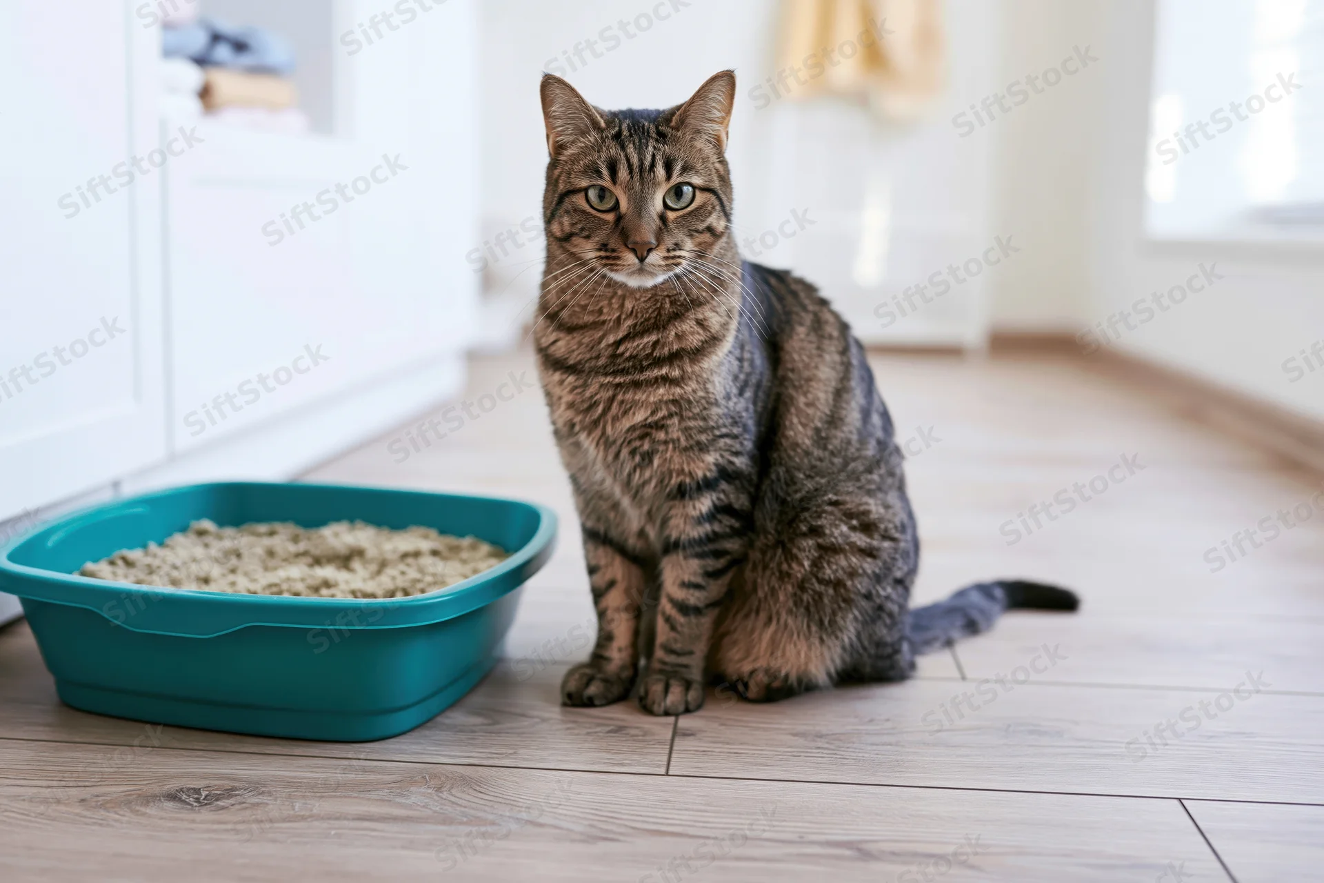 Tabby cat sitting upright beside a blue litterbox on light wood laminate flooring indoors