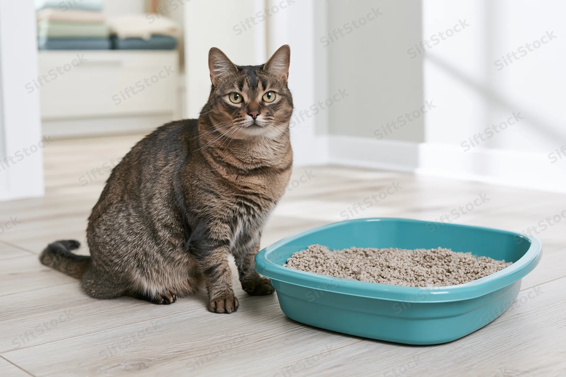 Tabby cat sitting upright beside a blue litterbox on light wood laminate flooring