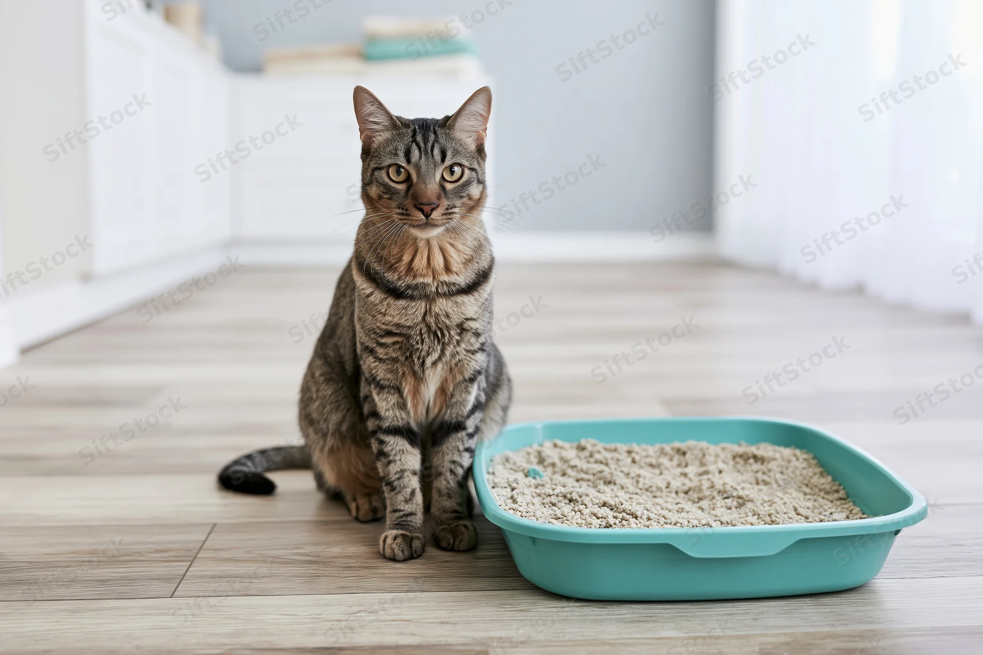 Tabby cat sitting upright beside a teal litterbox on light wood laminate flooring indoors
