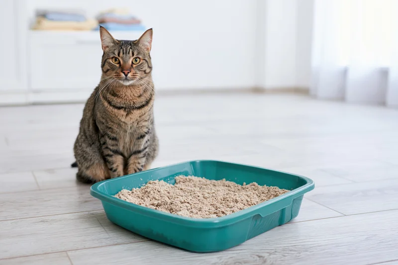Tabby cat sitting upright beside a teal litterbox on light wood laminate flooring
