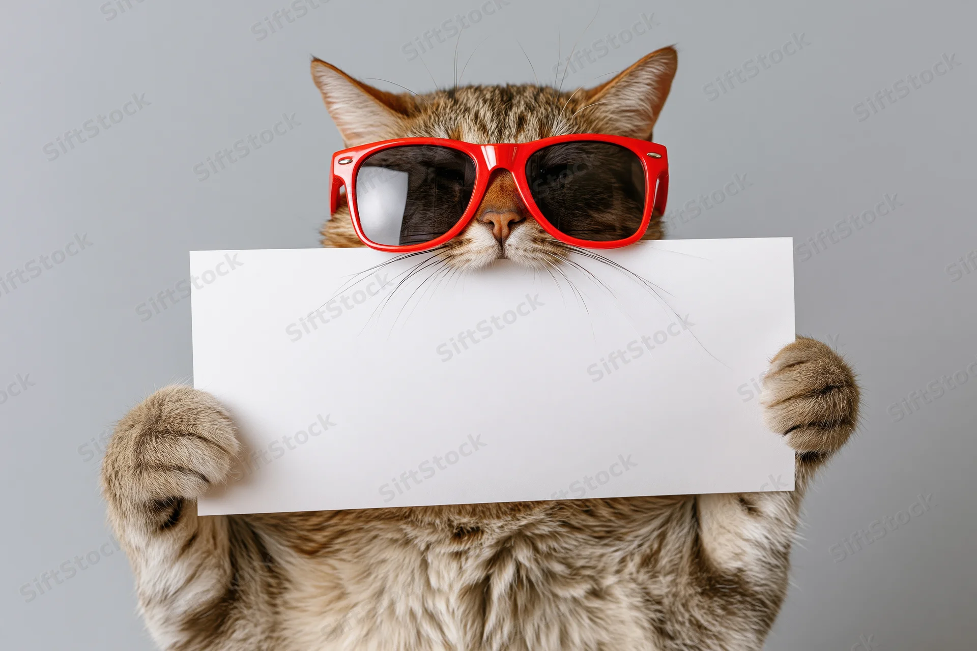 Tabby cat wearing red sunglasses holding blank white paper in front of gray background