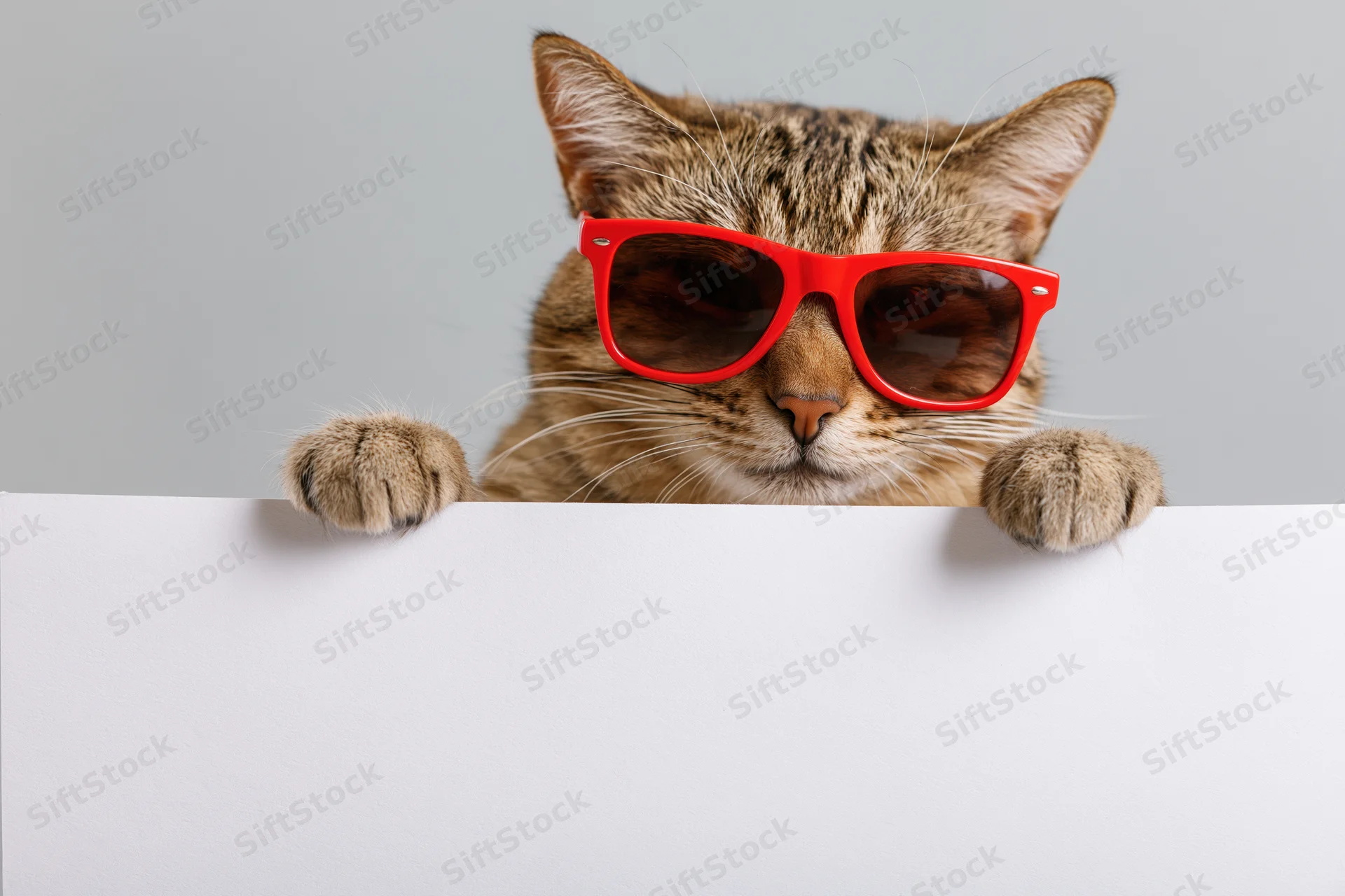 Tabby cat wearing red sunglasses peeking over blank white sign