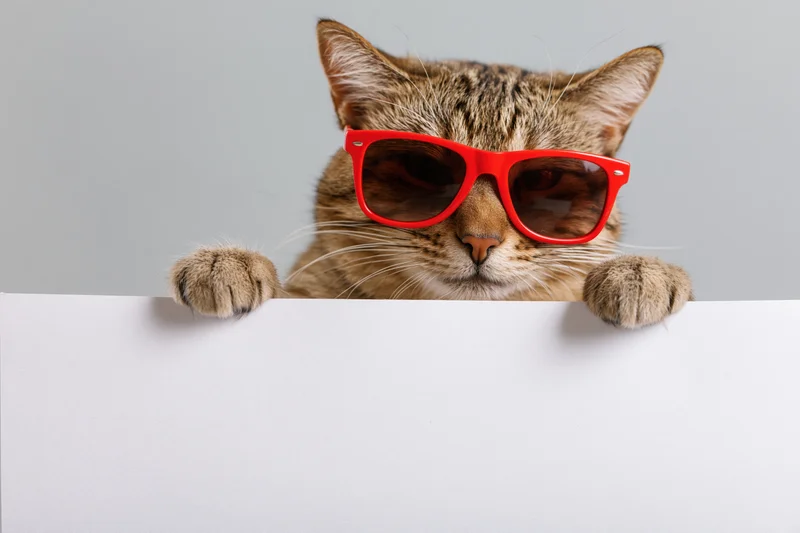 Tabby cat wearing red sunglasses peeking over blank white sign