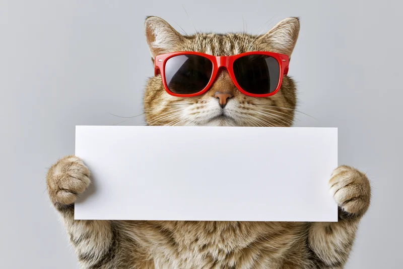 Tabby cat wearing red sunglasses holding blank white paper in front of gray background