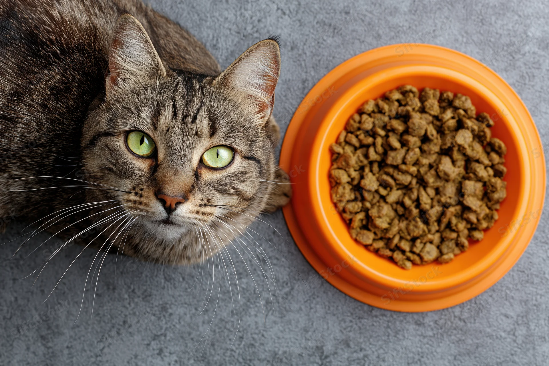 Tabby cat with bright green eyes looking up at camera next to orange bowl of dry food on gray carpet